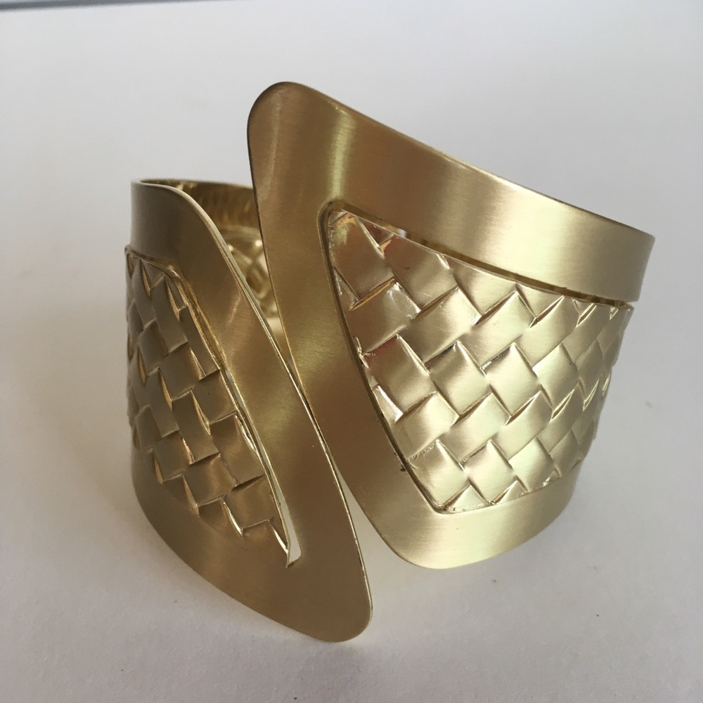 Brushed Gold Woven Pattern Angular Cuff Bracelet - image 1